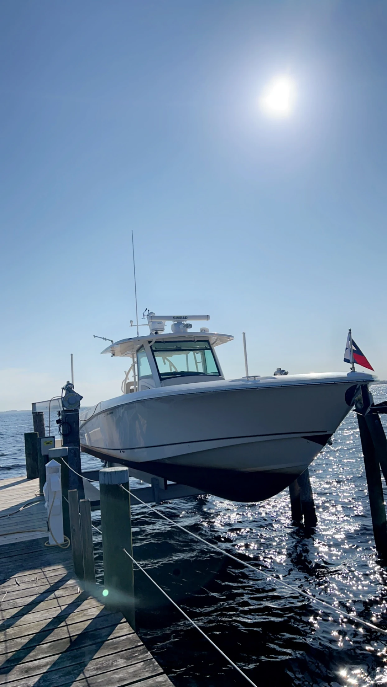 Premium center console on a waterfront lift