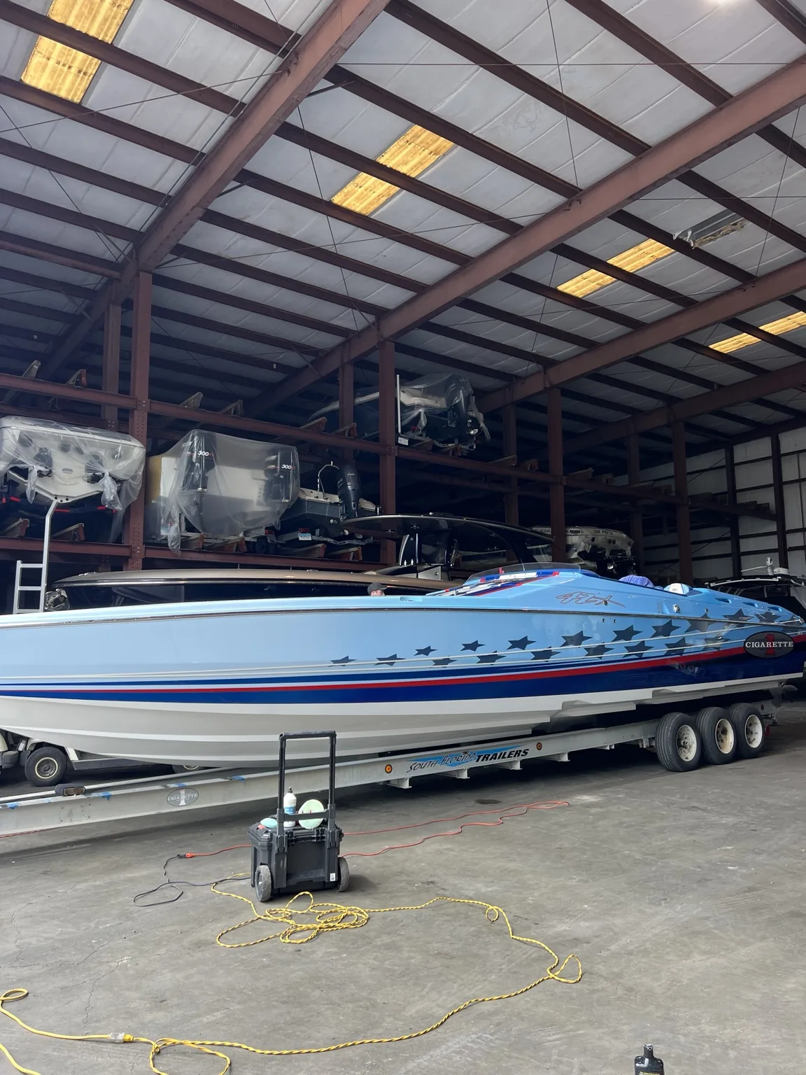 Large high-performance boat indoors