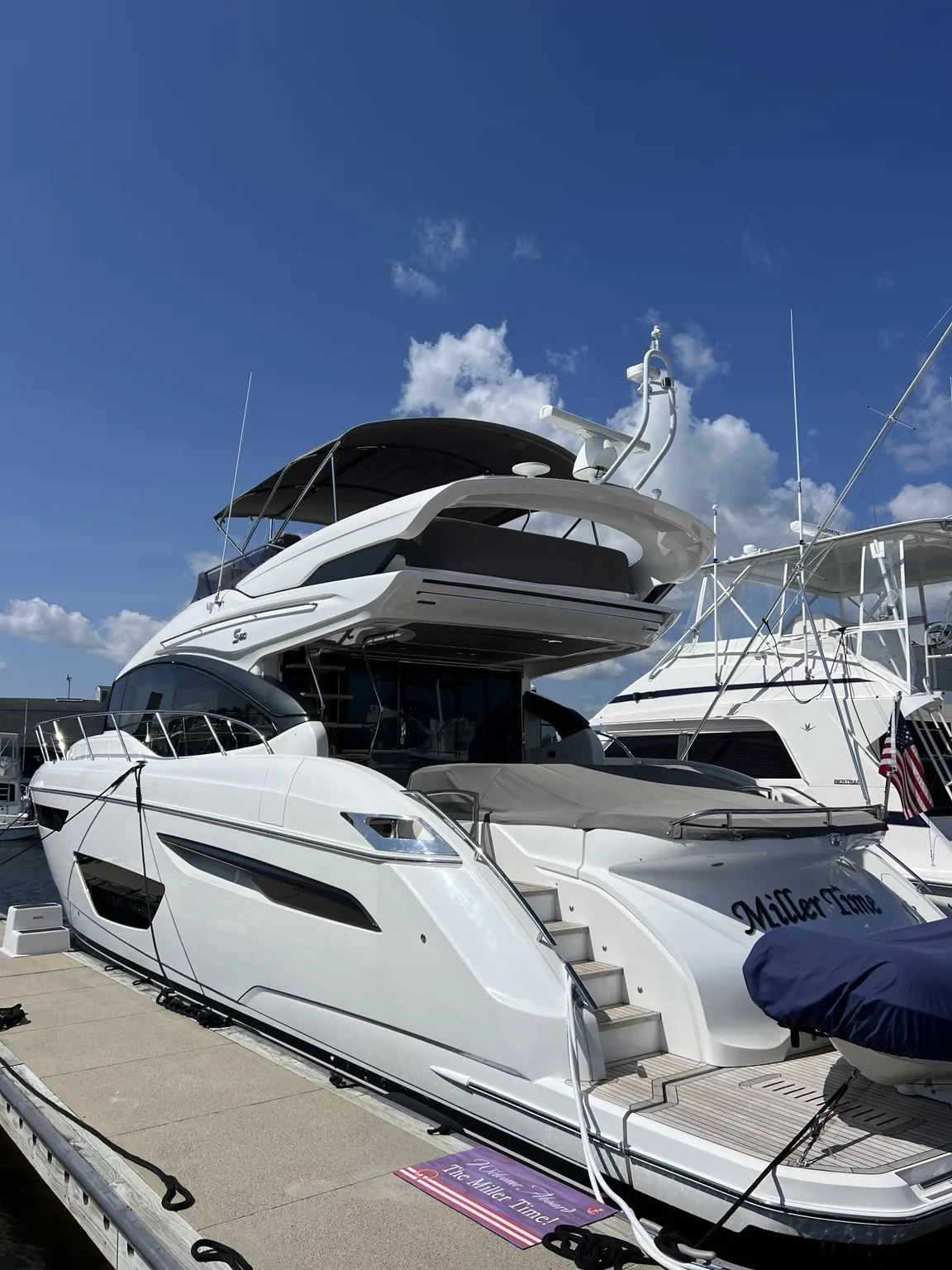 Finished modern motor yacht at the marina